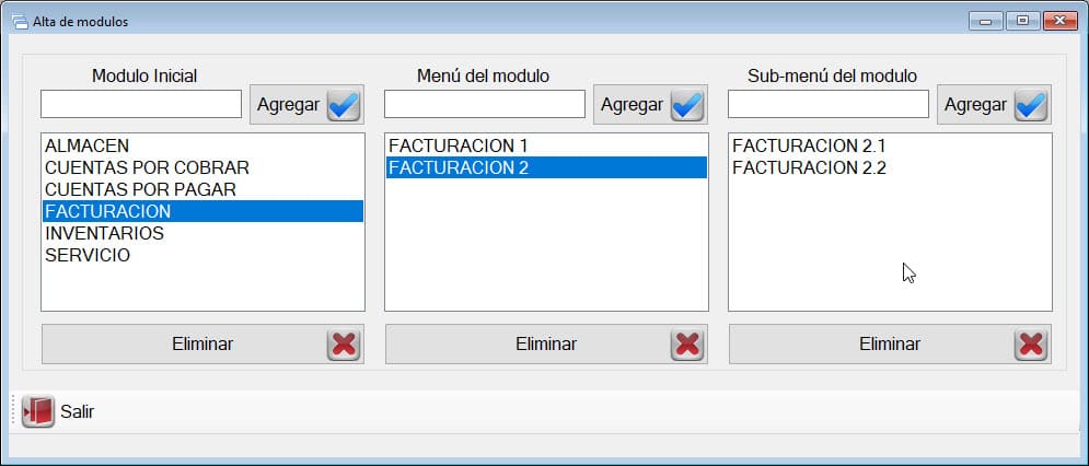 Alta de módulos del sistema